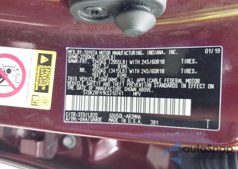 2019 Toyota Highlander Xle from USA, damaged, VIN 5TDKZRFH1KS310741